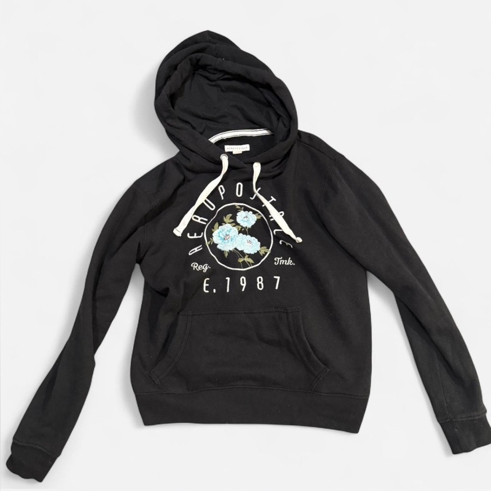 Aeropostale Black Hoodie with Blue Flowers Embroidery - Picture 1 of 3